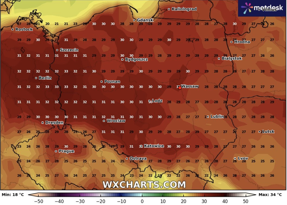 Prognoza pogody czwartek 27 czerwca Fot. WXCHARTS