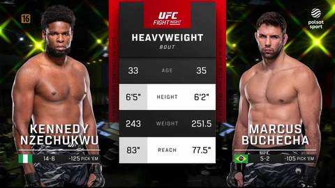 Dw&oacute;ch zawodnik&oacute;w MMA Kennedy Nzechukwu i Marcus Buchecha stoi naprzeciwko siebie. Pomiędzy nimi wyświetlane są ich statystyki.