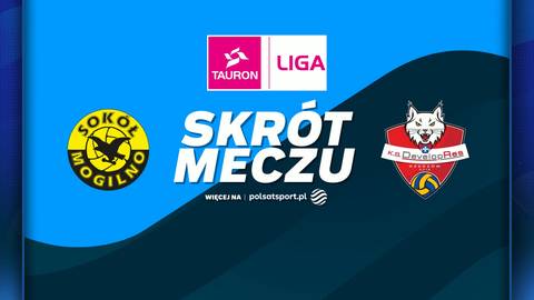 Logotypy drużyn siatkarskich Sok&oacute;ł Mogilno i Developres Rzesz&oacute;w na niebieskim tle z napisem "SKR&Oacute;T MECZU".