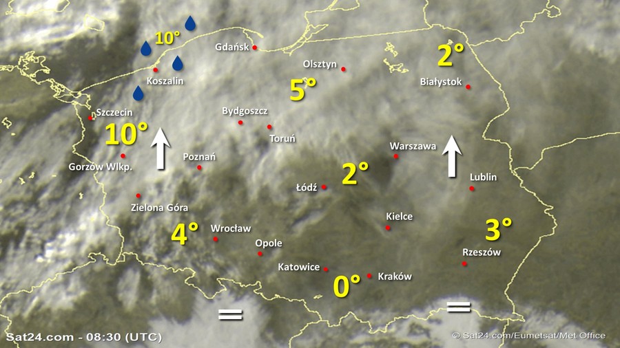 Zdjęcie satelitarne Polski w dniu 15 stycznia 2020 o godzinie 9:30. Dane: Sat24.com / Eumetsat.