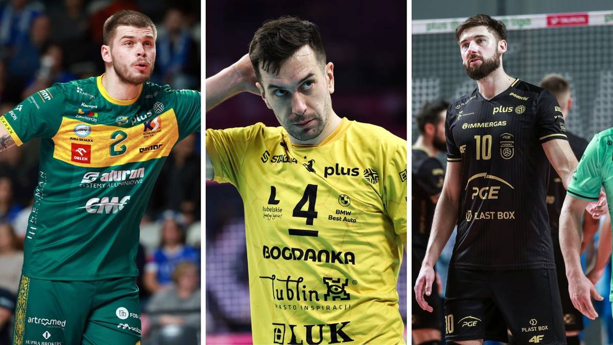 Trzech siatkarzy w żółtych i zielonych strojach sportowych, każdy z nich prezentuje swoje nazwisko i numer na koszulce.