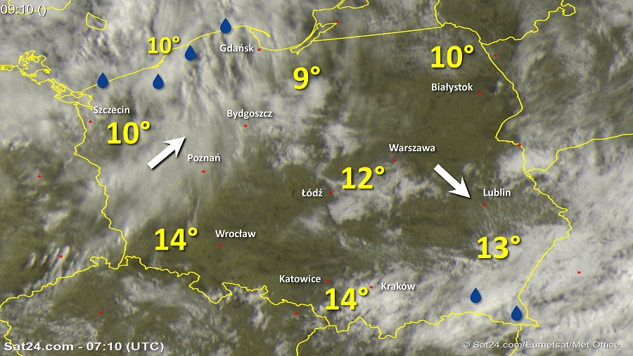 Zdjęcie satelitarne w dniu 24 kwietnia 2018 o godzinie 9:10. Dane: Sat24.com / Eumetsat.