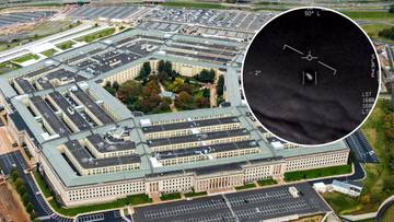 Widok z g&oacute;ry na Pentagon oraz okrągła wstawka przedstawiająca zarejestrowany przez termowizję niezidentyfikowany obiekt latający.