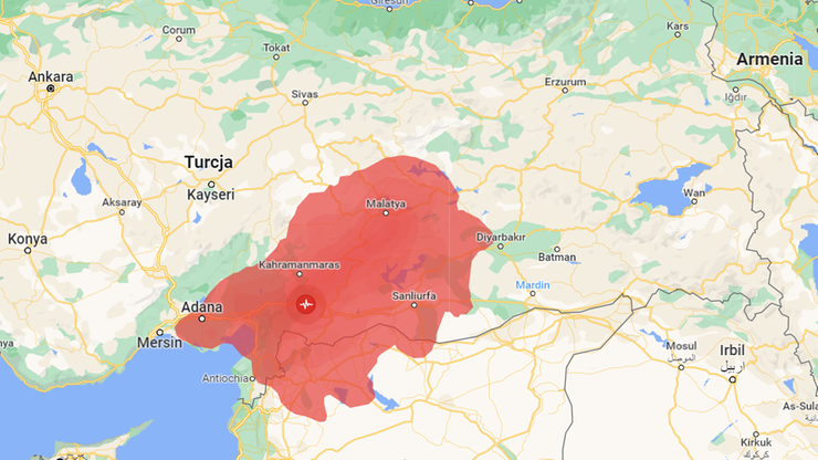 Zasięg trzęsień ziemi oznaczony w Google Maps