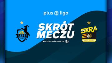 Logo drużyny Bogdanka LUK Lublin z koziołkiem na tle tarczy, logo drużyny PGE GiEK Skra Bełchat&oacute;w z piłką siatkową, napis "SKR&Oacute;T MECZU", oraz logotyp "Plus Liga".