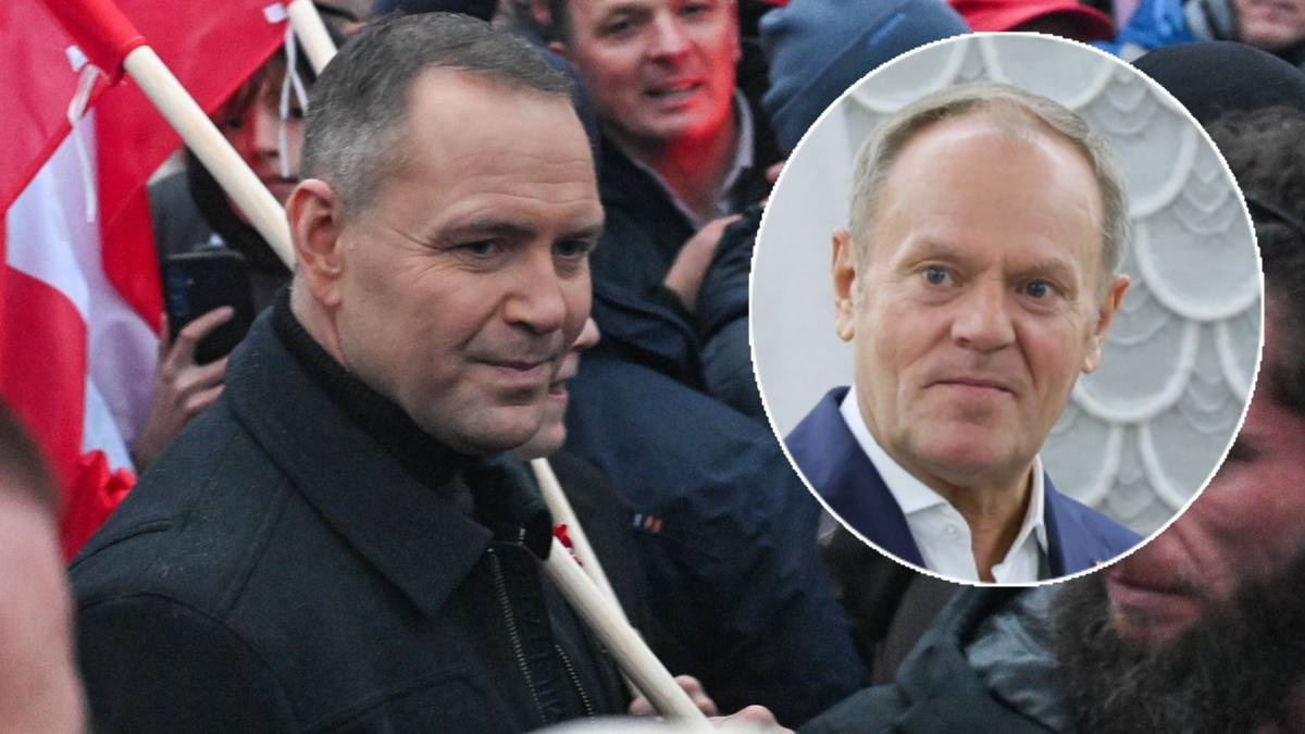 Kolaż zdjęć przedstawiający Donalda Tuska oraz innego mężczyznę podczas manifestacji.