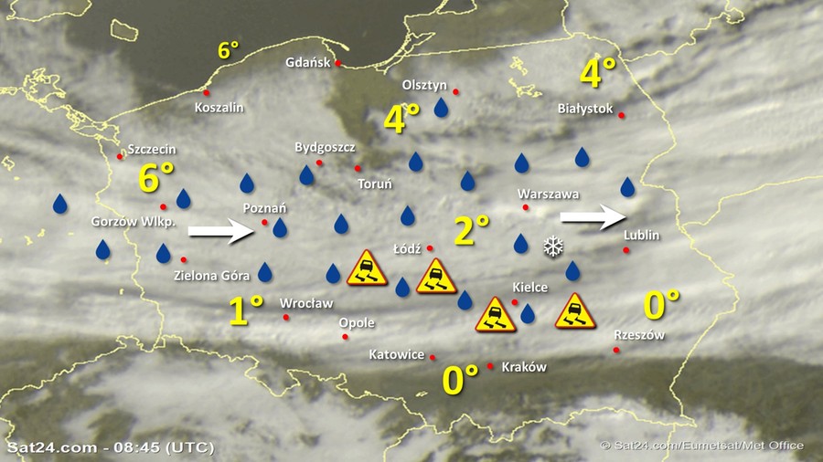 Zdjęcie satelitarne Polski w dniu 22 stycznia 2020 o godzinie 9:45. Dane: Sat24.com / Eumetsat.