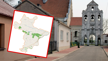 Mapa administracyjna Opatowca nałożona na zdjęcie przedstawiające zabudowę miejską z zabytkową dzwonnicą.