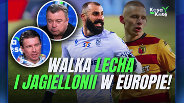 Kolaż zdjęć z napisem "WALKA LECHA I JAGIELLONII W EUROPIE!". Widać na nim fragmenty twarzy dw&oacute;ch komentator&oacute;w oraz dw&oacute;ch piłkarzy w strojach klubowych.