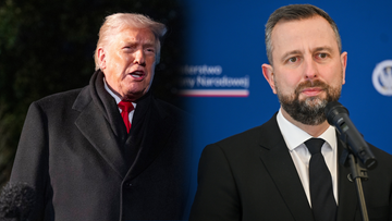 Montaż dw&oacute;ch zdjęć: po lewej Donald Trump przemawia na zewnątrz, po prawej Władysław Kosiniak-Kamysz przemawia za m&oacute;wnicą z logo Ministerstwa Obrony Narodowej.