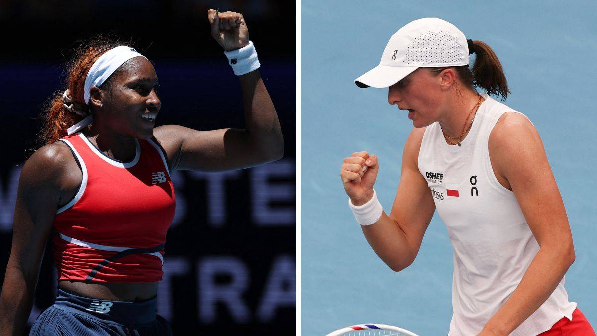 Dwie tenisistki, jedna w czerwonej koszulce, druga w białej czapce i koszulce, świętujące zwycięstwo na korcie tenisowym.