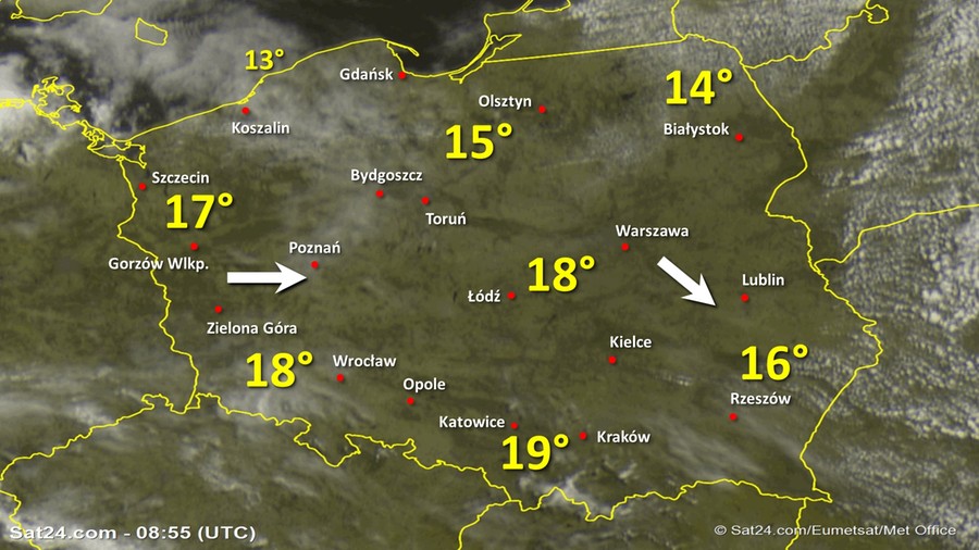 Zdjęcie satelitarne Polski w dniu 9 maja 2020 o godzinie 10:55. Dane: Sat24.com / Eumetsat.
