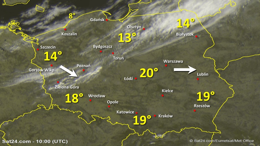 Zdjęcie satelitarne Polski w dniu 9 kwietnia 2020 o godzinie 12:00. Dane: Sat24.com / Eumetsat.