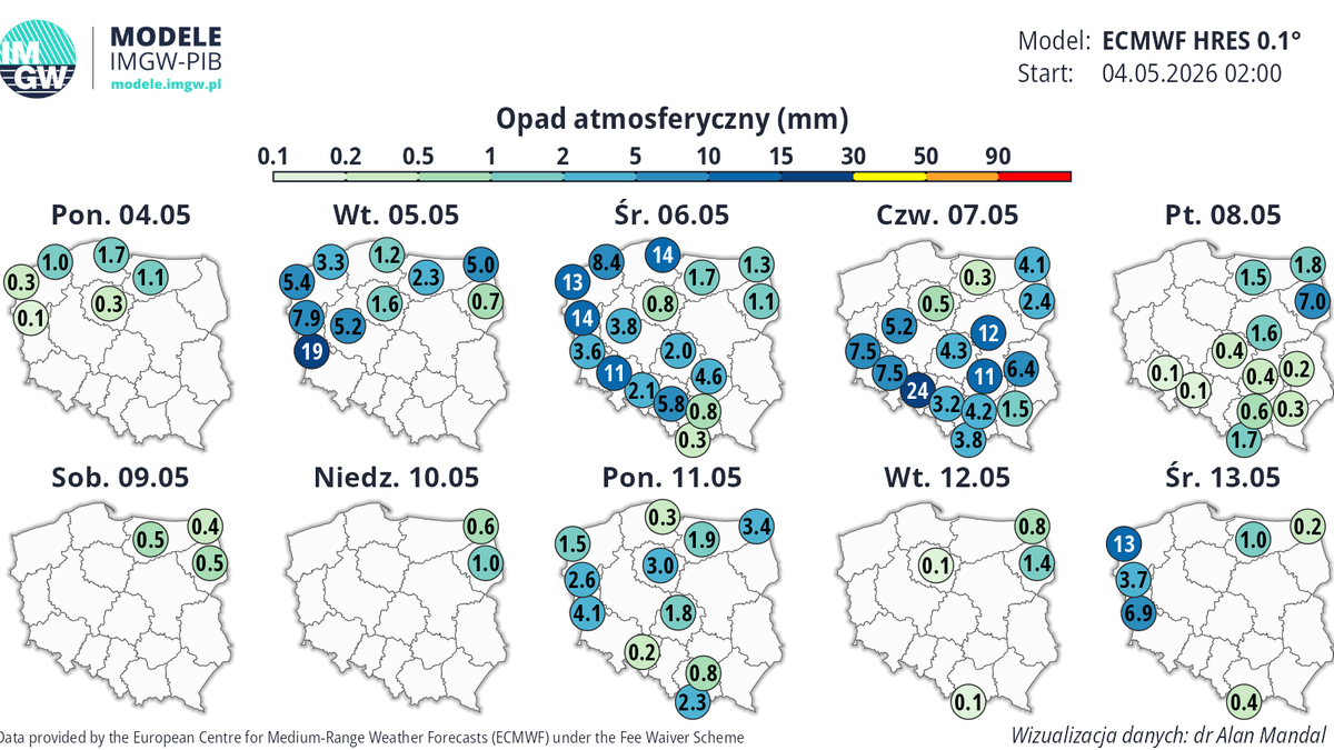 Najbliższe dni zapowiadają się na deszczowe. Najwięcej opadów można się spodziewać w drugiej połowie tygodnia.
