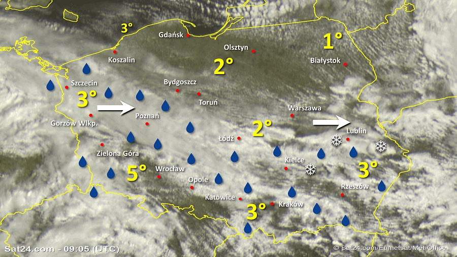 Zdjęcie satelitarne Polski w dniu 11 marca 2019 o godzinie 10:05. Dane: Sat24.com / Eumetsat.