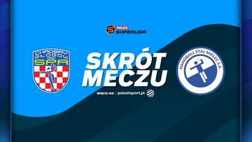 Grafika z logotypami KGHM Chrobry Głogów i Handball Stal Mielec oraz napisem "SKRÓT MECZU".
