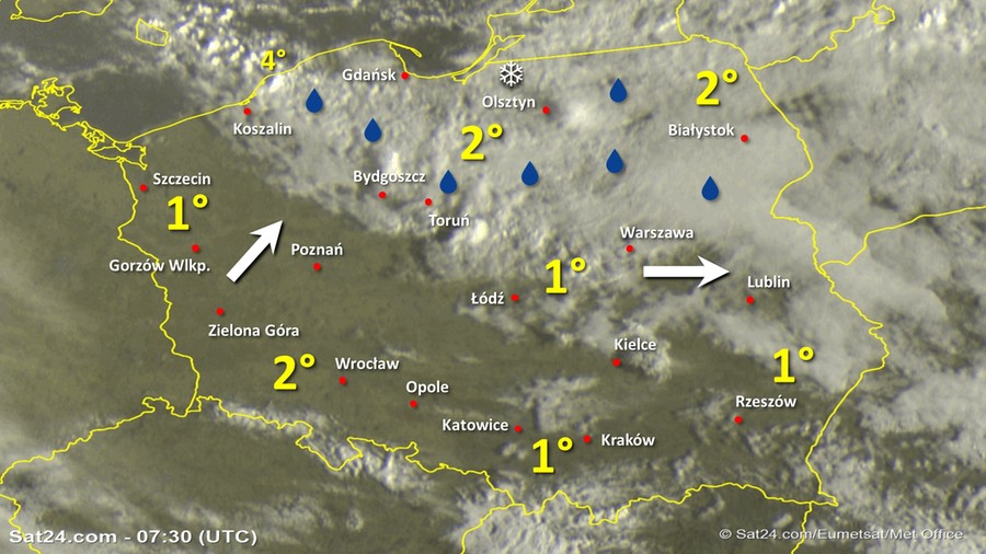 Zdjęcie satelitarne Polski w dniu 13 lutego 2020 o godzinie 8:30. Dane: Sat24.com / Eumetsat.