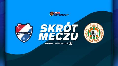 Logotypy Gwardii Opole i Zagłębia Lubin z napisem "SKR&Oacute;T MECZU" na niebieskim tle.