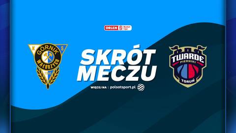 Grafika z logotypami drużyn G&oacute;rnik Wałbrzych i Arriva Twarde Pierniki Toruń oraz napisem SKR&Oacute;T MECZU.