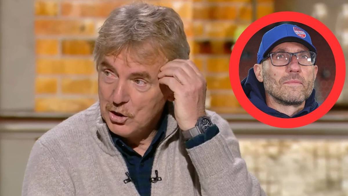 Zbigniew Boniek w debacie telewizyjnej, obok niego zdjęcie Marka Papszuna w okręgu.