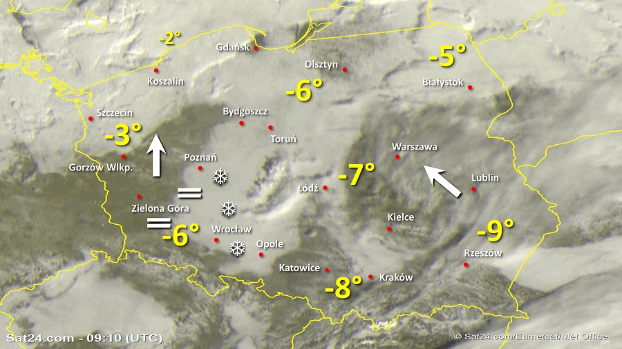 Zdjęcie satelitarne Polski w dniu 22 stycznia 2019 o godzinie 10:10. Dane: Sat24.com / Eumetsat.