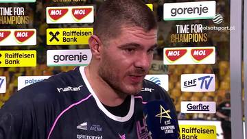 Marin Sipić udzielający wywiadu na tle banerów sponsorskich po meczu w Kielcach.