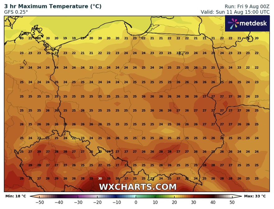 Temperatury w niedzielę 11 sierpnia. Fot. WXCHARTS