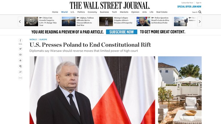 "Wall Street Journal" - "Stany Zjednoczone naciskają na Polskę"