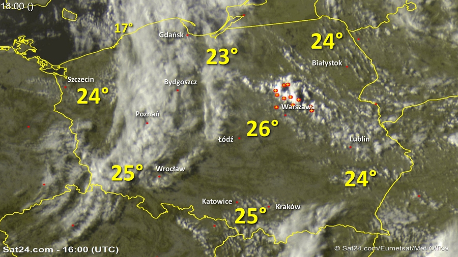 Zdjęcie satelitarne Polski w dniu 7 lipca 2018 o godzinie 18:00. Dane: Sat24.com / Eumetsat.