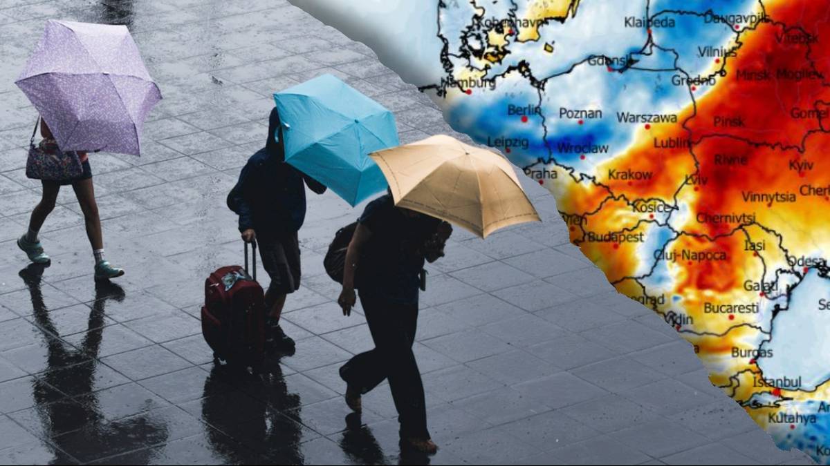 Osoby z parasolami idące w deszczu na tle mapy termicznej Europy.