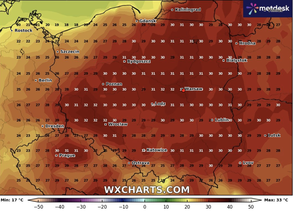 Prognoza pogody piątek 28 czerwca Fot. WXCHARTS