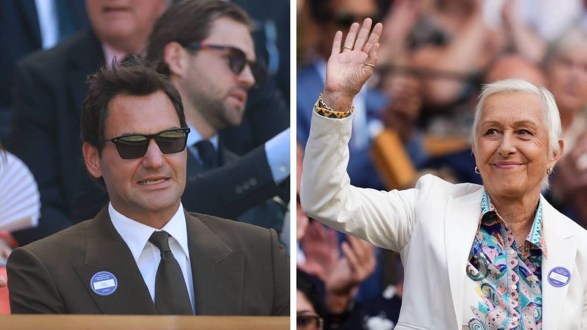 Roger Federer w garniturze i Martina Navratilova w białej marynarce na trybunach Wimbledonu.