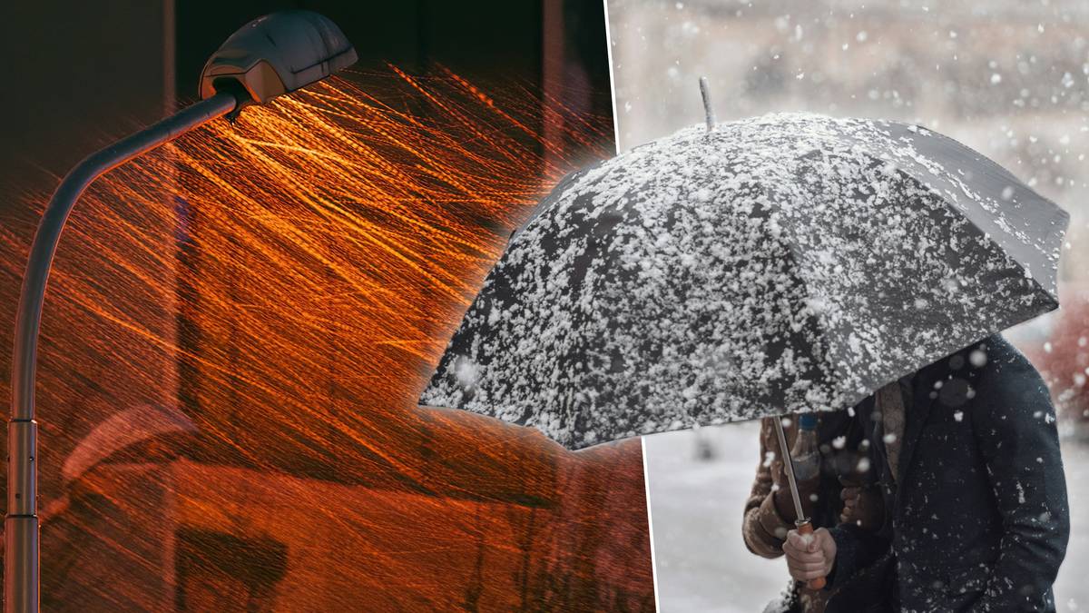 Zestawienie dw&oacute;ch obraz&oacute;w: po lewej nocny widok latarni z migoczącymi smugami, po prawej osoba z parasolką podczas opad&oacute;w śniegu.