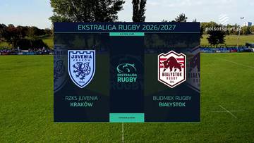 Grafika ekranowa z zapowiedzią meczu Ekstraligi Rugby między drużynami Juvenia Kraków i Rugby Białystok na tle boiska.