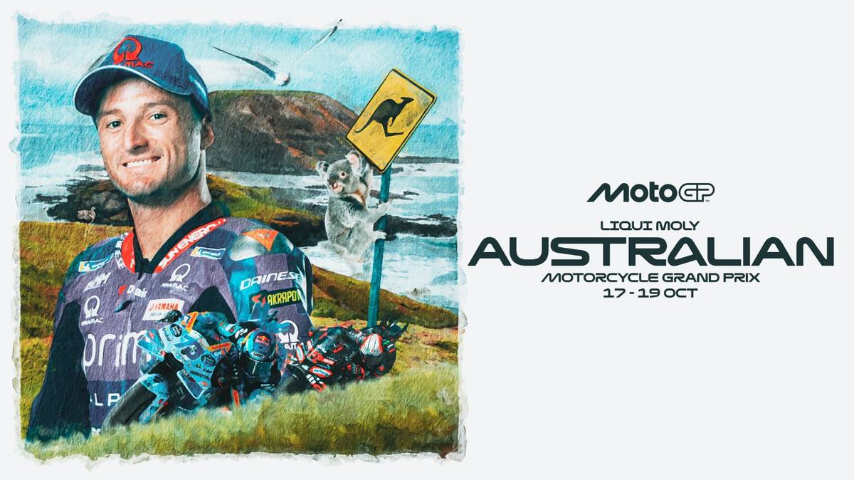 Portret uśmiechniętego zawodnika MotoGP w czapce, z motocyklem i australijskim krajobrazem w tle. Obok napis "MotoGP LIQUI MOLY AUSTRALIAN MOTORCYCLE GRAND PRIX".