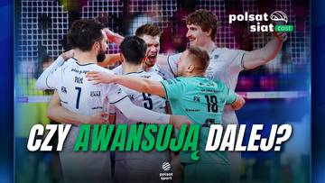 Siatkarze cieszący się po zwycięstwie, z napisem "Czy awansują dalej?" na dole obrazka.
