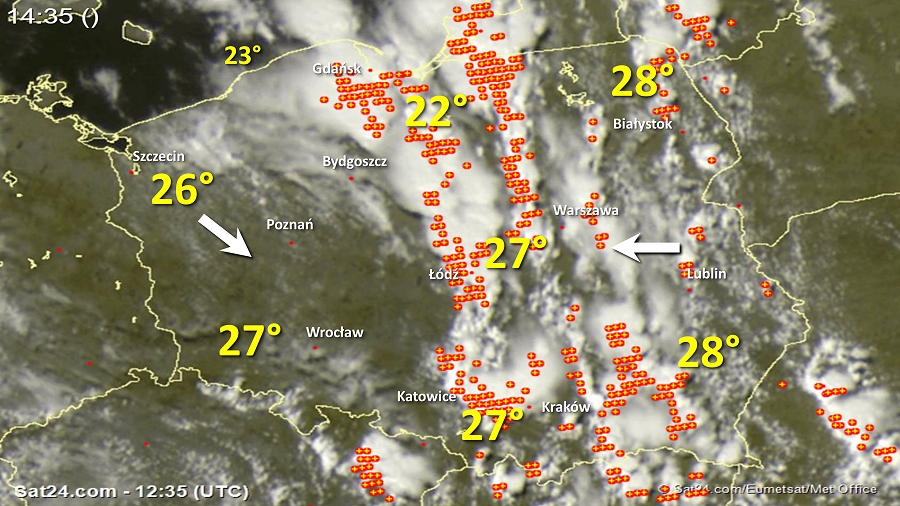 Zdjęcie satelitarne Polski w dniu 29 lipca 2018 o godzinie 14:35. Dane: Sat24.com / Eumetsat.