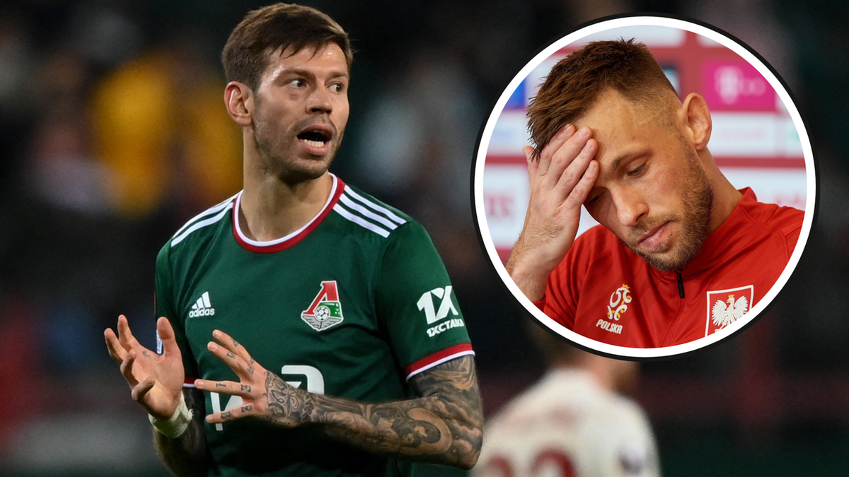 Piłkarz Maksym Sieniejew w zielonej koszulce sportowej gestykuluje lewą ręką. W prawym g&oacute;rnym rogu zdjęcie Grzegorza Rybusa z dłonią na czole.