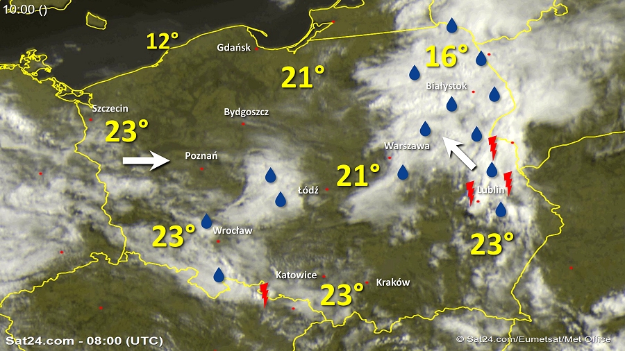 Zdjęcie satelitarne Polski w dniu 2 czerwca 2018 o godzinie 10:00. Dane: Sat24.com / Eumetsat.