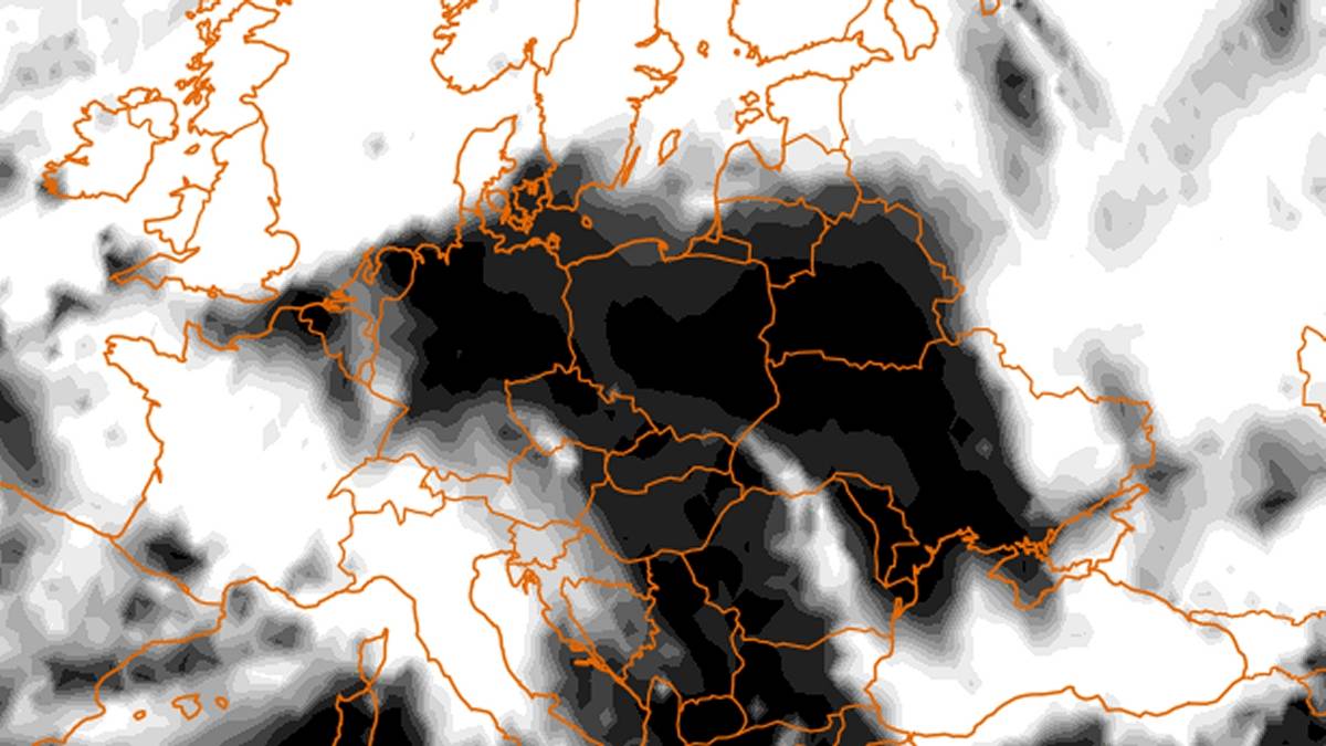 Zachmurzenie prognozowane na 13 grudnia. Czarne obszary to pogodne niebo, białe obszary to zachmurzenie. Fot. climatereanalyzer.org