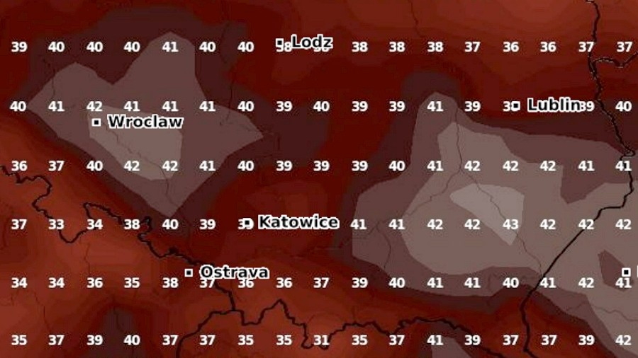 Temperatura prognozowana przez model GFS na środę, 20 lipca 2022 roku. Fot. Wxcharts.