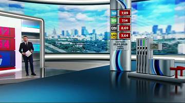 Wizualizacja studia telewizyjnego z prezentacją cen paliw, w tym diesla i LPG. Widoczna nowoczesna stacja paliw oraz prezenter w garniturze.