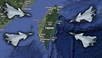 Cztery nowoczesne myśliwce bojowe widoczne nad mapą Tajwanu i otaczających go wód, symbolizujące zagrożenie militarne.