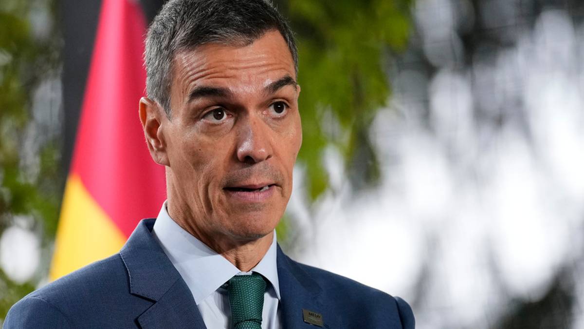 Pedro Sanchez, premier Hiszpanii, przemawia z uniesionymi dłońmi.