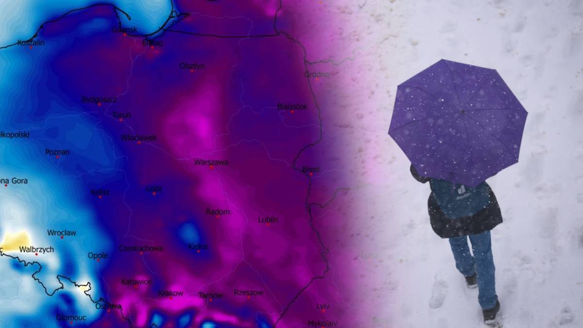 Mapa Polski z danymi o ciśnieniu atmosferycznym nałożona na zdjęcie osoby z parasolką w śniegu.