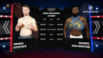 Grafika zapowiadająca walkę bokserską w wadze p&oacute;łciężkiej pomiędzy Pawłem Stępieniem a Danielem Dos Santosem, zawierająca ich sylwetki oraz statystyki.