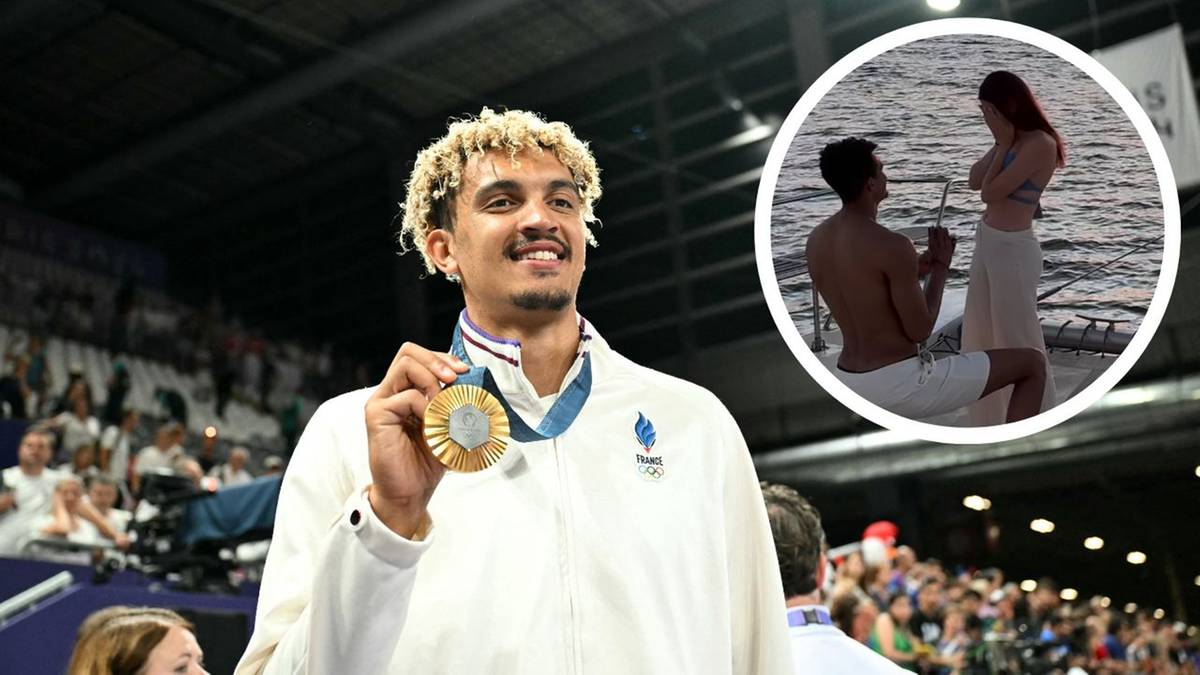 Młody mężczyzna, zdobywca złotego medalu w siatk&oacute;wce, z dumą prezentuje swoje osiągnięcie. W prawym g&oacute;rnym rogu obrazu widnieje okrągłe zdjęcie przedstawiające mężczyznę klęczącego przed kobietą z pierścionkiem zaręczynowym.