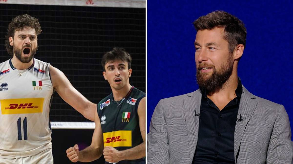 Michał Kubiak, siatkarz reprezentacji Polski, i Alessandro Michieletto, siatkarz reprezentacji Włoch.