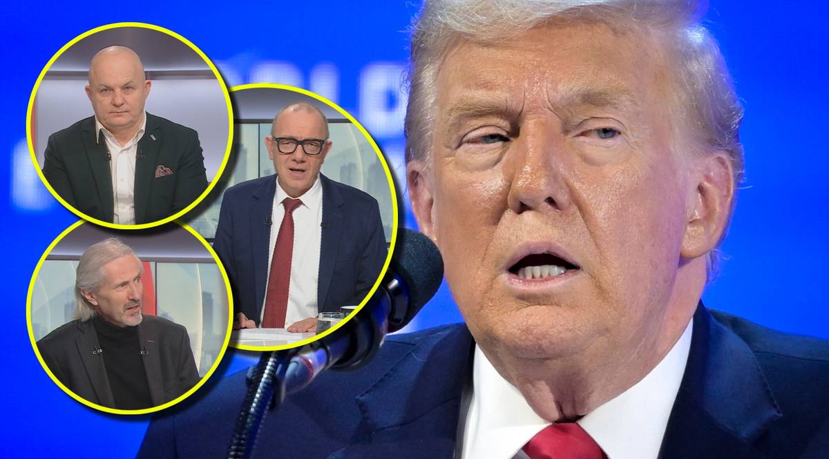 Zbliżenie na twarz Donalda Trumpa obok zdjęć trzech komentator&oacute;w politycznych.