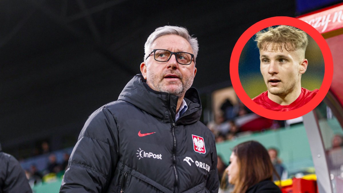 Portret mężczyzny w średnim wieku w okularach, ubranego w kurtkę z godłem Polski. Po prawej stronie obrazu znajduje się okrągłe zdjęcie młodej osoby z jasnymi włosami, ubranej w strój reprezentacji Polski.